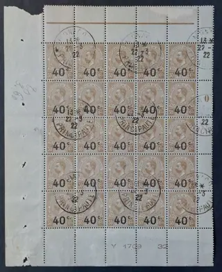 Monaco 1919 - 40 c. s. 30 c. bistre, panel of 25 - Yvert Taxe 12