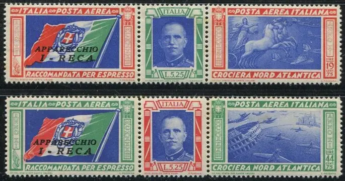 Italië 1933 - Trittici Crociera Nord Atlantica serie con sigla I-RECA, ottimamente centrati - Sassone A51/52