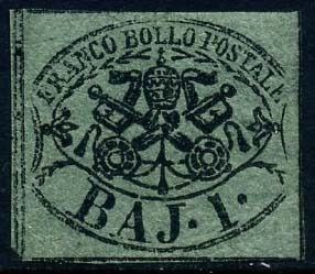 Italiaanse oude staten - Pauselijke Staat 1852 - 1 baj dark green, 1st plate, with the 4 complete framing lines. - Sassone N. 2A