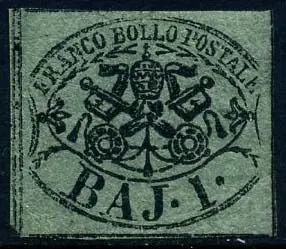 Italiaanse oude staten - Pauselijke Staat 1852 - 1 baj dark green, 1st plate, with the 4 complete framing lines. - Sassone N. 2A