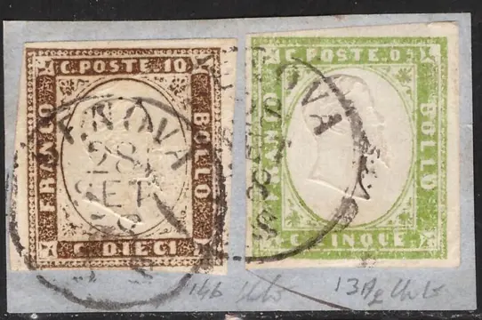 Italiaanse oude staten - Sardinië 1858 - 10 cents yellowish umber + 5 c. 13Ag olive yellow green on cut out - Sassone N. 14b 13Ag