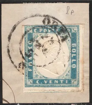 Italiaanse oude staten - Sardinië 1855 - 20 c. greenish cobalt from 1855 on Orta cut out 7 points - Sassone N. 15e