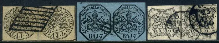 Italiaanse oude staten - Pauselijke Staat 1852 - 4 baj light grey brown, 7 and 8 baj. 3 horizontal pairs. - Sassone N. 5-8-9