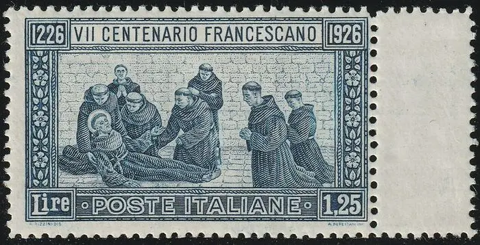 Koninkrijk Italië 1926 - St Francis 1.25 l. P. 14, sheet margin from gutter margin, intact, rare, luxury, with certificate - Sassone n.196