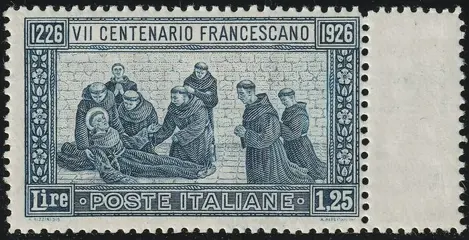 Koninkrijk Italië 1926 - St Francis 1.25 l. P. 14, sheet margin from gutter margin, intact, rare, luxury, with certificate - Sassone n.196