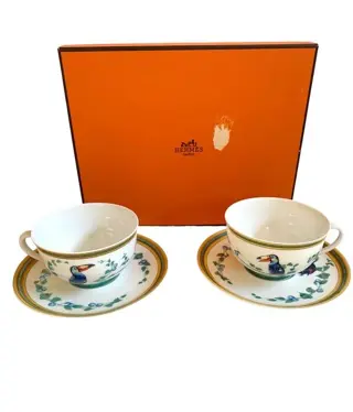 Hermès - cups and saucers for 2 - Porselein - Toucans