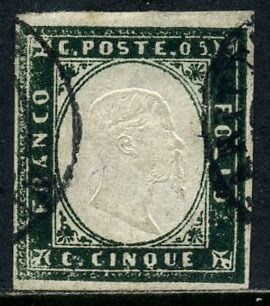 Italiaanse oude staten - Sardinië 1857 - Victor Emmanuel II, 5 c. dark myrtle green. With certificate. - Sassone N. 13Ab