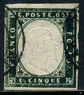 Italiaanse oude staten - Sardinië 1857 - Victor Emmanuel II, 5 c. dark myrtle green. With certificate. - Sassone N. 13Ab