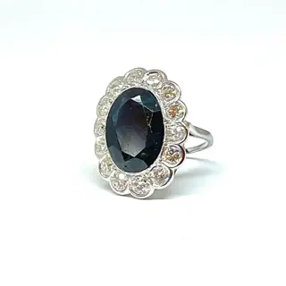 850 Platina - Ring - 6.00 ct Saffier - Diamanten
