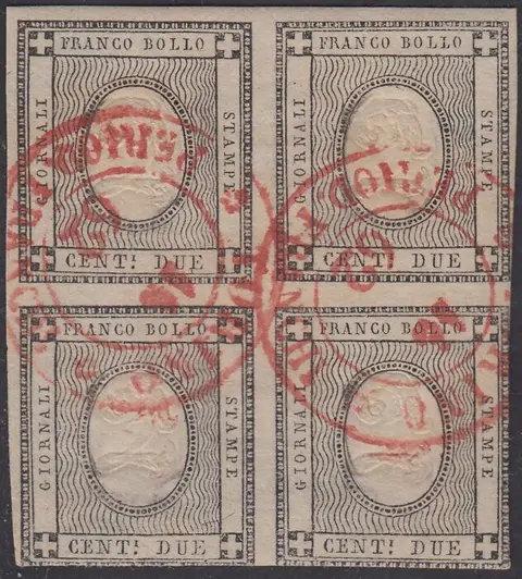 Italiaanse oude staten - Sardinië 1861 - Printed material, 2 c. black grey, block of four pieces - Sassone N. 20