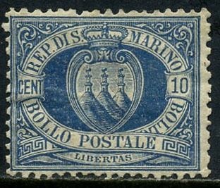 San Marino 1877 - Coat of arms, 10 cents azure. With certificate. - Sassone N. 3A