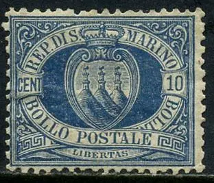 San Marino 1877 - Coat of arms, 10 cents azure. With certificate. - Sassone N. 3A