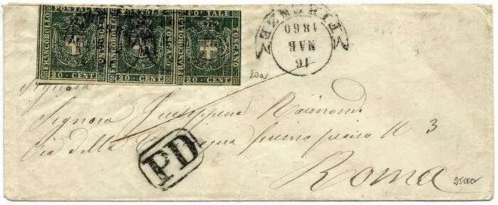 Italiaanse oude staten - Toscane 1860 - Provisional Government, 20 c. strip of 3 pieces on cover. Sorani certificate. - Sassone 20