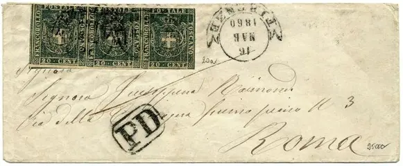 Italiaanse oude staten - Toscane 1860 - Provisional Government, 20 c. strip of 3 pieces on cover. Sorani certificate. - Sassone 20
