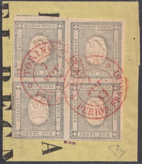 Italiaanse oude staten - Sardinië 1861 - Giornali 2 c. gr. verdastro Quartina su framm. Torino Periodici rosso raro Certificato - Sassone n.20b