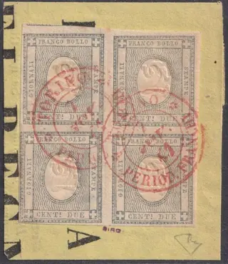 Italiaanse oude staten - Sardinië 1861 - Giornali 2 c. gr. verdastro Quartina su framm. Torino Periodici rosso raro Certificato - Sassone n.20b