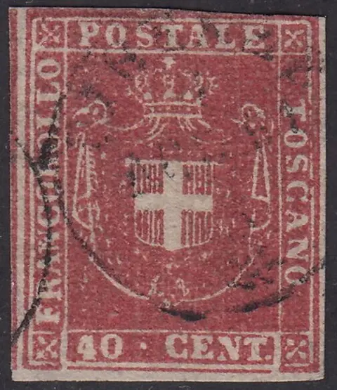 Italiaanse oude staten - Toscane 1860 - Provisional Government, Savoy coat of arms with royal crown on top, 40 c. carmine - Sassone N. 21