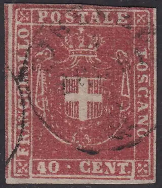 Italiaanse oude staten - Toscane 1860 - Provisional Government, Savoy coat of arms with royal crown on top, 40 c. carmine - Sassone N. 21