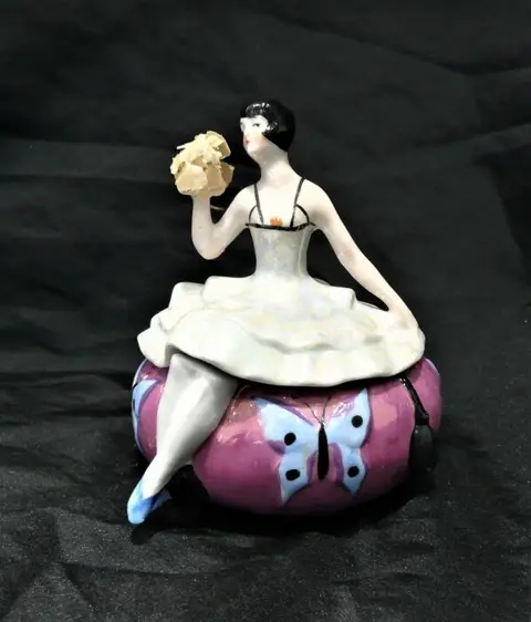 Art Deco fijne porseleinen doos Elegante halve pop beeldje
