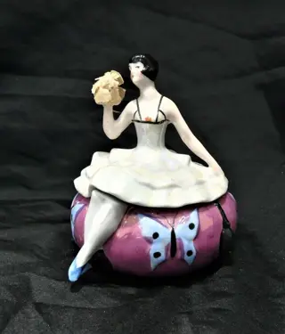 Art Deco fijne porseleinen doos Elegante halve pop beeldje