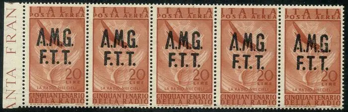 Triëst - Zone A 1947 - Radio airmail, 20 lire. Strip of 5 with oblique overprint. Catalogue €2500 - Sassone N. 9ac