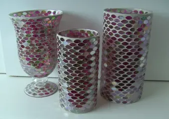 KANDELAARS, WINDLICHT, DECO VAZEN IN GLAS MOZAIEK 3 DLG GROTE SET NIEUW