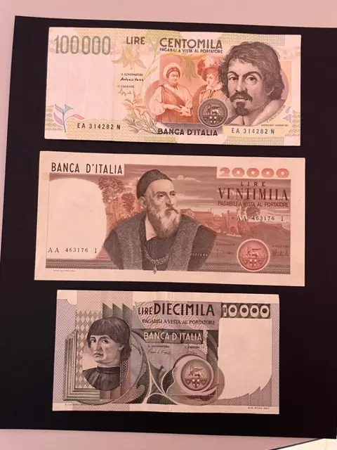 Italië - 3 banconote Lire "Tiziano", "Del Castagno" e "Caravaggio" - Gigante BI 75, 77A, 85; Pick 104a, 106, 117
