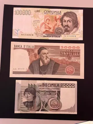 Italië - 3 banconote Lire "Tiziano", "Del Castagno" e "Caravaggio" - Gigante BI 75, 77A, 85; Pick 104a, 106, 117
