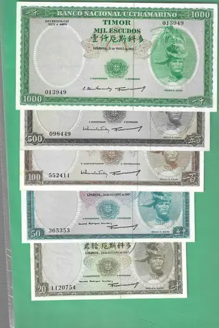 Timor - 20, 50, 100, 500 and 1000 Escudos - Various dates - Pick 26, 27, 28, 29, 30