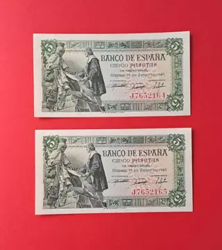 Spanje - 2 x 5 pesetas 1945 - Pick 129a - consecutives