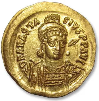 Byzantijnse Rijk. Anastasius I (491-518 n.Chr.). Goud Solidus,Constantinople mint 498-518 A.D. - 10th officina (I) -