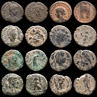 Romeinse Rijk. Kavel bestaande uit 8 AE-munten: Antoninianus, Follis en Maiorinas: Valentinianus, Constantine II, Constantius II (2), Gallienus, Claudius II, Valens, Theodora.