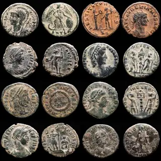 Romeinse Rijk. Kavel bestaande uit 8 AE-munten: Antoninianus, Follis en Maiorinas: Constantinopolis, Aurelian, Constantius II, Constantine II, Constantine I, Constans (2),