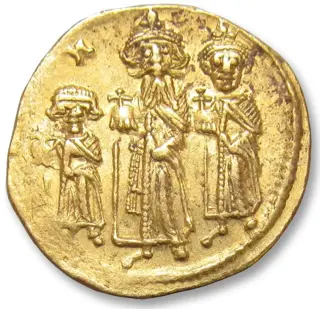 Byzantijnse Rijk. Heraclius, with Heraclius Constantine and Heraclonas. Goud Solidus,Constantinople mint 632-635 A.D. - 1st officina (A) -