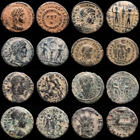 Romeinse Rijk. Kavel bestaande uit 8 AE-munten: Antoninianus, Follis en Maiorinas: Constantine II (3), Constantius II (2), Theodosius, Constans, Claudius II.