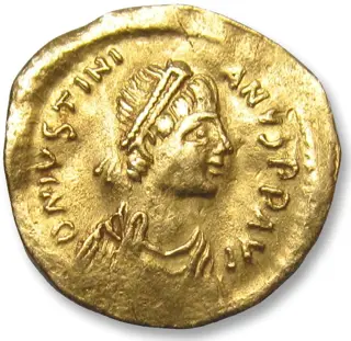 Byzantijnse Rijk. Justinianus I (527-565 n.Chr.). Goud Tremissis,Constantinople mint