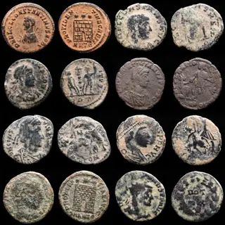 Romeinse Rijk. Kavel bestaande uit 8 AE-munten: Antoninianus, Follis en Maiorinas: Constantine II (2), Constans, Valentinianus, Constantius II (2), Constantine I, Maximian.