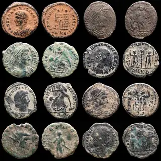 Romeinse Rijk. Kavel bestaande uit 8 AE-munten: Antoninianus, Follis en Maiorinas: Constantine II (3), Gratian, Constantius II (3), Gallienus.