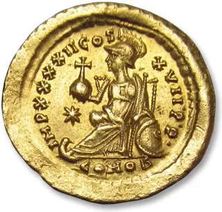 Romeinse Rijk. Theodosius II (402-450 n.Chr.). Goud Solidus,Constantinople mint 441-450 A.D. - IMP XXXXII COS XVII • P • P • - Ex Mare Nostrum Hoard (1954) -