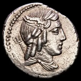 Romeinse Republiek. L. Julius Bursio, 85 v.Chr.. AR Denarius,Rome mint - Victory in quadriga right, holding reins in left hand and wreath in right.