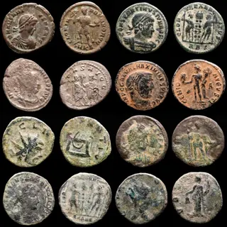 Romeinse Rijk. Kavel bestaande uit 8 AE-munten: Antoninianus, Follis en Maiorinas: Arcadius, Constantine II (2), Gallienus (2), Maximinus II, Claudius II, Honorius.
