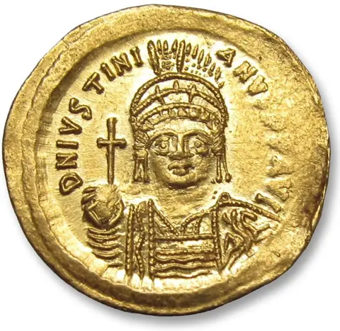 Byzantijnse Rijk. Justinianus I (527-565 n.Chr.). Goud Solidus,Constantinople mint circa 545-565 A.D. - 10th officina (I) - very sharp portrait -