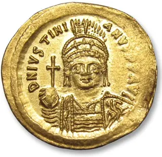 Byzantijnse Rijk. Justinianus I (527-565 n.Chr.). Goud Solidus,Constantinople mint circa 545-565 A.D. - 10th officina (I) - very sharp portrait -