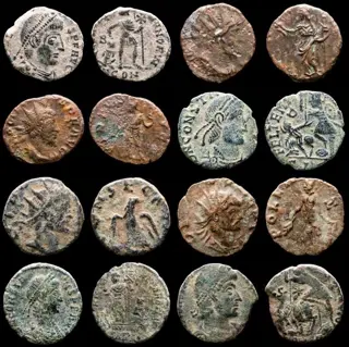 Romeinse Rijk. Kavel bestaande uit 8 AE-munten: Antoninianus, Follis en Maiorinas: Tetricus (2), Claudius II (2), Constans,Constantius II (2, one is barbarous), Valens.