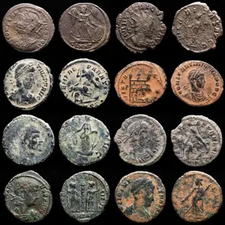 Romeinse Rijk. Kavel bestaande uit 8 AE-munten: Antoninianus, Follis en Maiorinas: Constantinopolis, Tetricus, Constantius II (2), Constantine II (2), Claudius II, Helena., Aurelian,