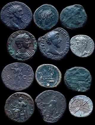 Romeinse Republiek, Romeinse Rijk. Lot x 6 coins: Domitian, Augustus, Marcus Aurelius, Julia Soemias, Anonymous Uncia and Semis,2nd century BC- 2nd century AD