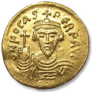 Byzantijnse Rijk. Phocas (602-610 n.Chr.). Goud Solidus,Constantinople mint circa 603-607 A.D. - 2nd officina (B) -