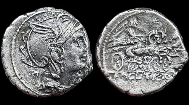 Romeinse Republiek. Appius Claudius Pulcher, Titus Mallius (of Maloleius) en Q. Urbinius, 111/110 v.Chr.. AR Denarius,Rome mint