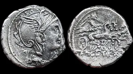 Romeinse Republiek. Appius Claudius Pulcher, Titus Mallius (of Maloleius) en Q. Urbinius, 111/110 v.Chr.. AR Denarius,Rome mint