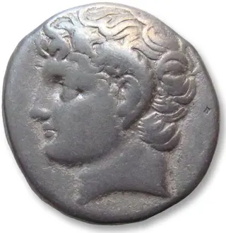 Kyrenaica, Kyrene. AR Didrachm,Circa 294-275 B.C. - time of Magas - coiled serpent + monogram control symbols -